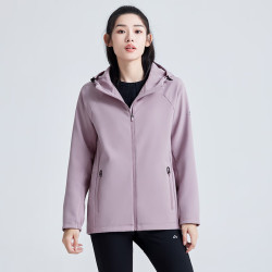 拓路者 户外运动软壳衣女休闲风衣秋冬季防水防风加绒保暖外套中长款 灰紫 M