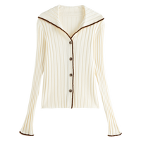 范思蓝恩海军领针织开衫女秋装2024撞色边气质复古上衣13140 咖色 L