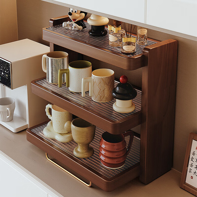 可芝 实木杯架台面杯子收纳置物架 桌面置物架 加大款黑胡桃色52x20x40cm三层