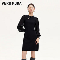 VERO MODA VEROMODA针织衫女2024秋季女装新中式镂空盘扣针织拼纱时尚东方简奢风 斜领纱袖连衣裙-黑色 165/84A/M