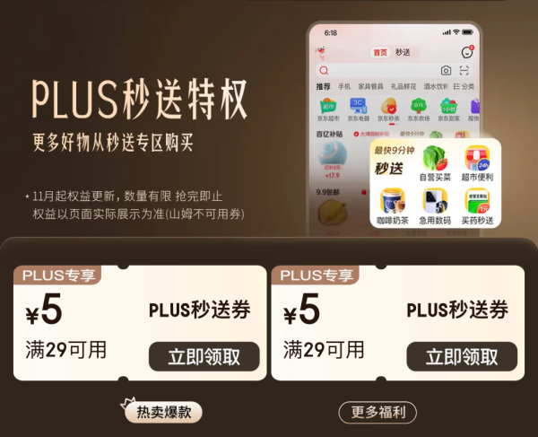 京东 PLUS秒送特权 领29-5元秒送通用券
