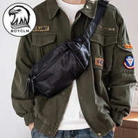 BOYCLN 胸包男 牛皮腰包真皮胸前斜挎包休闲跨肩包随身小背包运动手机包 黑色