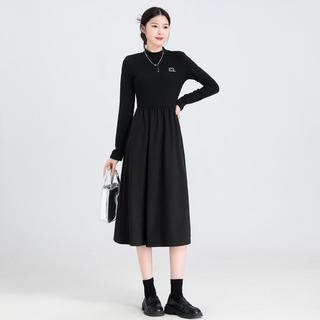 纯色德绒连衣裙赫本风女2025春秋半高领拼接打底小黑裙