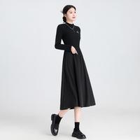 纯色德绒连衣裙赫本风女2025春秋半高领拼接打底小黑裙