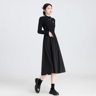 纯色德绒连衣裙赫本风女2025春秋半高领拼接打底小黑裙