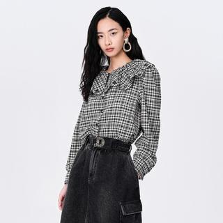 邱天同款地素秋冬复古格纹镂空娃娃领长袖衬衫内搭女(尺码偏大)