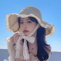 思织沁出游系带飘带透气镂空草帽海边平檐太阳帽时尚蕾丝边遮阳帽 草丝带:米色