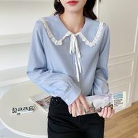 夏季衬衫女娃娃领绑绳长袖衬衣撞色花边翻领可爱百搭