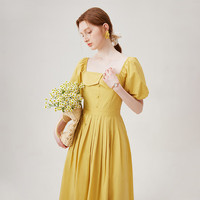 范思蓝恩夏季法式甜美百褶设计感方领收腰连衣裙女2024约会度假裙子 黑色 S