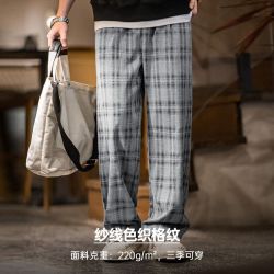 马登 工装 美式复古束脚格子裤男春季色织格纹直筒抽绳休闲长裤子 黑灰格子 M