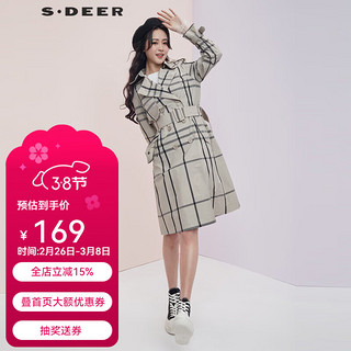 圣迪奥 sdeer圣迪奥春季女装时尚百搭通勤格纹翻领气质双排扣格子带腰带中长款风衣S20181801 米白/48 L/170