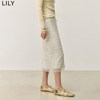 丽丽LILY秋女装优雅重工亮片拼接立体蕾丝氛围感直筒半身裙女 601白色 XL
