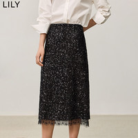 丽丽LILY秋女装优雅重工亮片拼接立体蕾丝氛围感直筒半身裙女 510黑 L