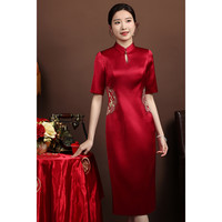 崔万志 宴会装重工烫钻刺绣旗袍裙 中袖水滴立领礼服 开叉旗袍连衣裙