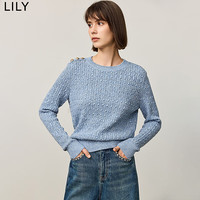 丽丽LILY冬新款女装绞花肌理感圆领套头气质蓝色针织衫毛衣女短款 401蓝色 M