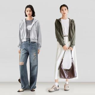 春秋装简约率性双插口袋双头拉链连帽落肩女式短款卫衣外套