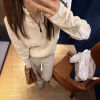 FOURDATRY拉夫小马标半拉链麻花毛衣半高领女羊毛衫套头宽松慵懒风针织上衣 灰色(羊毛版本) M