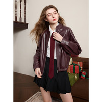 三彩独醒2025春季机车PU皮衣外套宽松短款安可拉红小个子F 车厘子红 S