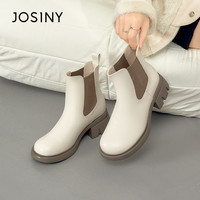 卓诗尼粗跟玛丽珍女鞋2025春秋通勤百搭圆头单鞋复古时装鞋子 米白色【时尚切尔西-薄绒】跟高5cm 35