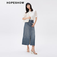 红袖奥莱秋季女装撞色贴标开叉一粒扣牛仔半身裙 牛仔蓝071 XL
