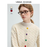 VEGA CHANG红色毛衣女2024年秋冬新款设计感彩扣圆领绞花针织开衫