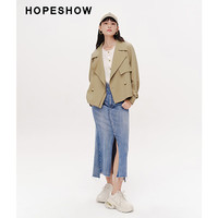 红袖奥莱春季女装箱型双排扣双层领短风衣 卡其038 S