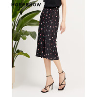 红袖奥莱夏季女装主题印花开叉抽褶半身裙 黑花609 XL
