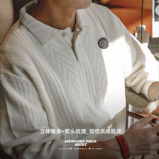 马登 MADEN工装美式休闲提花针织polo衫学院风肌理感翻领套头毛衣男秋冬