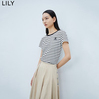 丽丽LILY【商场同款】夏新款女装别致绣花复古简约条纹短袖T恤女