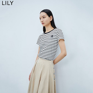 LILY【商场同款】夏新款女装别致绣花复古简约条纹短袖T恤女