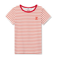 丽丽LILY夏女装别致绣花复古简约条纹短袖T恤女 118深酒红 XL