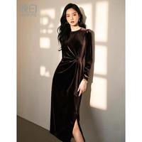 晚白2025春季款时尚简约收腰裙子百搭高腰捏褶丝绒连衣裙 咖色 L