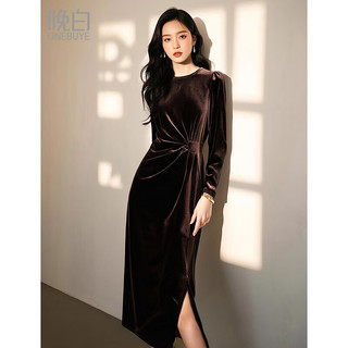晚白2025春季款时尚简约收腰裙子百搭高腰捏褶丝绒连衣裙 咖色 L