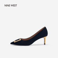 NINE WEST/玖熙单鞋女春季新款反绒面尖头金属饰扣细跟高跟鞋