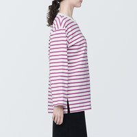無印良品 MUJI(無印良品 )女式 粗棉线圆领长袖T恤 上衣打底衫女款内搭 纯棉24年秋休闲女装 粉红色条纹 4S M (160/84A)