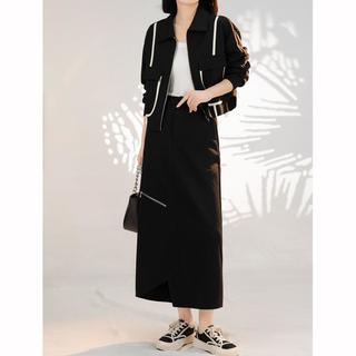【不规则底摆半身裙两件套】春秋款时尚撞色筋条长袖女式套装