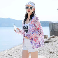 杰丽·莫克 Jerrie Mock 时尚防晒衣女轻薄透气连帽防晒服防紫外线大码花色外套户外防晒衫 紫红色 2XL（126-140斤）