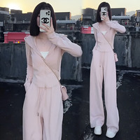 韩璐娇(hanlujiao)卫衣女装春秋季2025年新款休闲运动服设计感连帽显瘦阔腿裤套装女 粉色 M 【建议95-105斤】