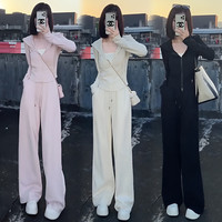 韩璐娇（hanlujiao）卫衣女装春秋季2025年休闲运动服设计感连帽显瘦阔腿裤套装女 黑色 XL 【115-130斤】