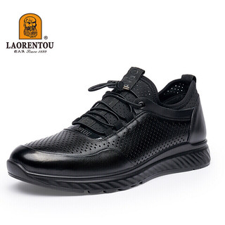 老人頭（LAORENTOU）男鞋头层牛皮男单鞋防滑运动鞋男士休闲皮鞋 A90147 黑镂空 39 
