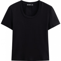 初语t恤女2025新款修身短款辣妹复古U领套头上衣气质短袖衫 黑色 S