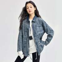 复古翻领洗水抽绳收腰显瘦多口袋夹克牛仔外套女