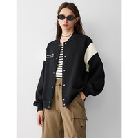 BASIC HOUSE/百家好学院风黑色棒球服外套女2024秋季开衫卫衣夹克 黑色 M