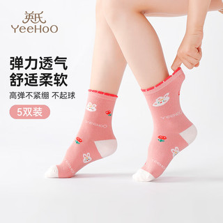 YeeHoO英氏5双装儿童袜子男女童棉质透气高弹不易变形可爱印花地板袜 兔子款WY2235R 【五双装】 5双 M