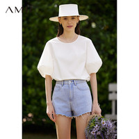 AMII2023夏新款圆领泡芙灯笼袖法式小衫白衬衫女宽松棉质弹力上衣 米白 165/88A/L
