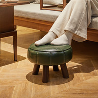 家逸实木小凳子家用换鞋凳客厅沙发小板凳办公室脚凳矮凳坐墩软包 软萌可爱翡翠绿圆凳【油蜡皮】
