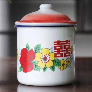 润群 怀旧特大号搪瓷杯带盖洋瓷杯水杯老式搪瓷缸子杯铁茶缸 喜字杯(装水1100ml)