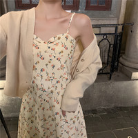 FOURDATRY法式温柔风桔梗碎花收腰连衣裙女2024夏秋季吊带裙子中长裙 开衫+碎花裙 S 80-95斤