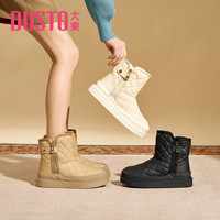 大东女鞋雪地靴女靴冬季低跟平底圆头菱格侧拉链女 36