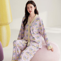 梵佩萝纯棉家居服睡衣套装少女青年V领开衫春秋长袖长裤和服女士 35605 XL (120-140斤/165-170cm)